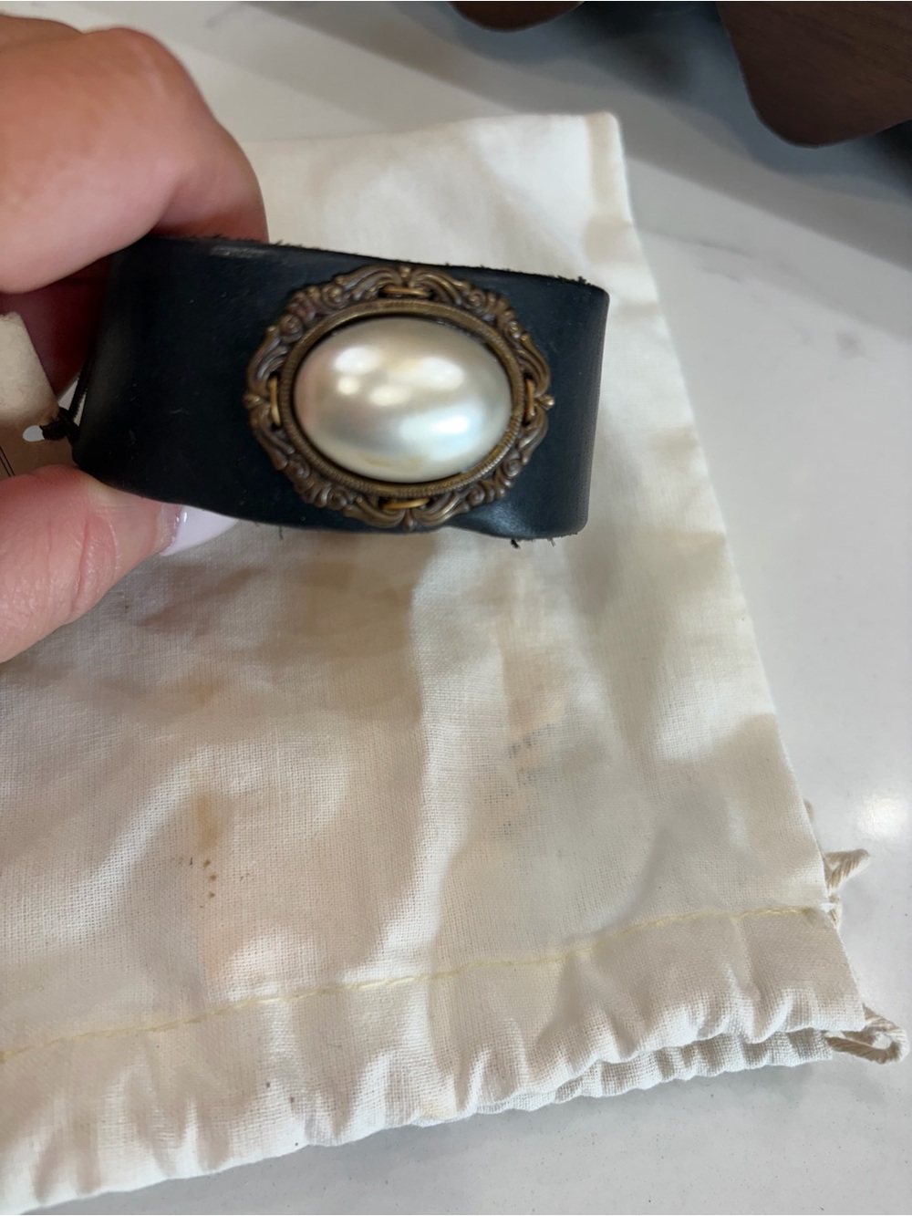 Black Leather Bracelet with Pearl Accent - Vintage-Inspired